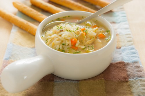 Chicken rice soup with bread stick